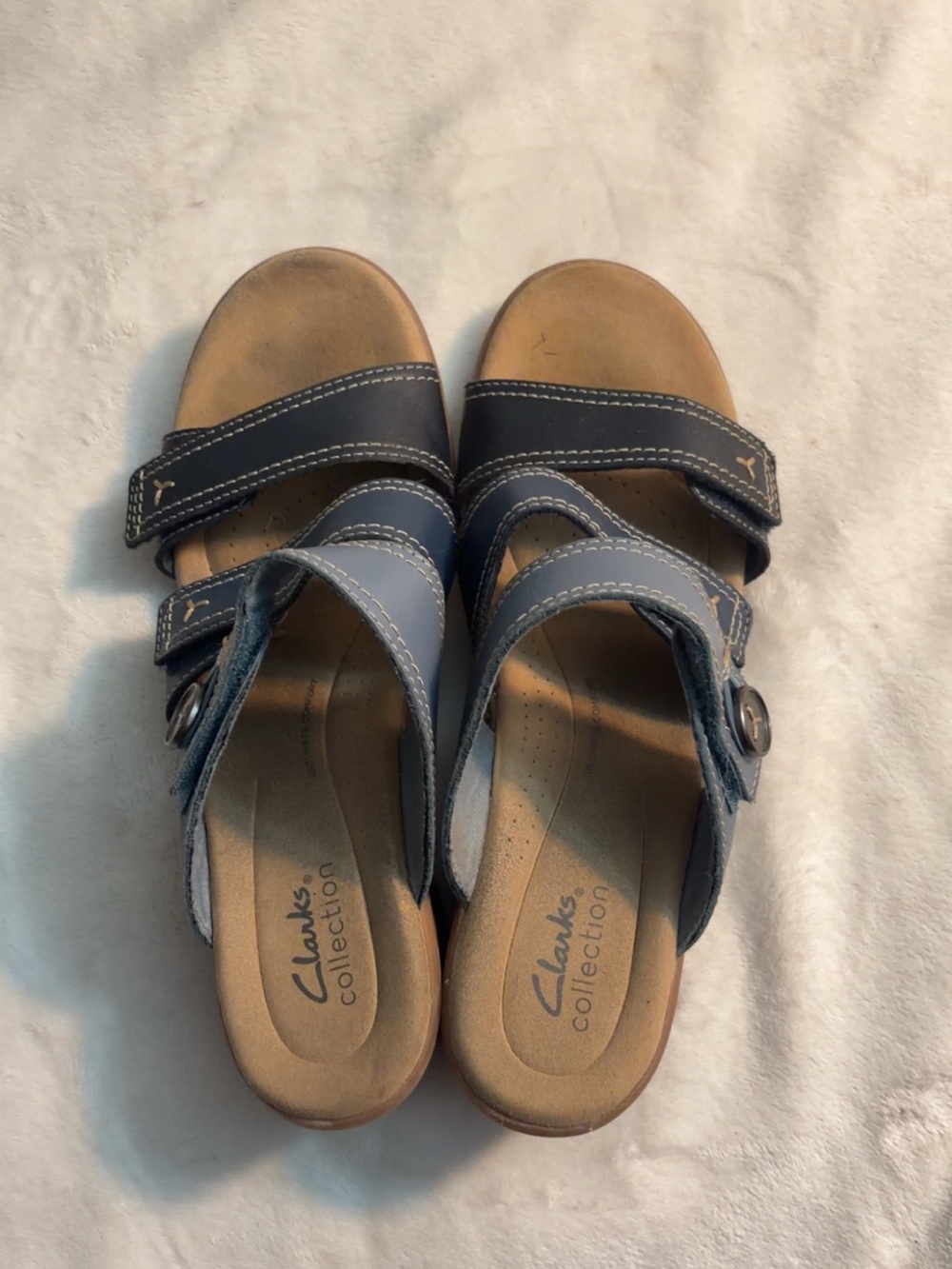 Clarks Blue Leather Adjustable Slide Mules